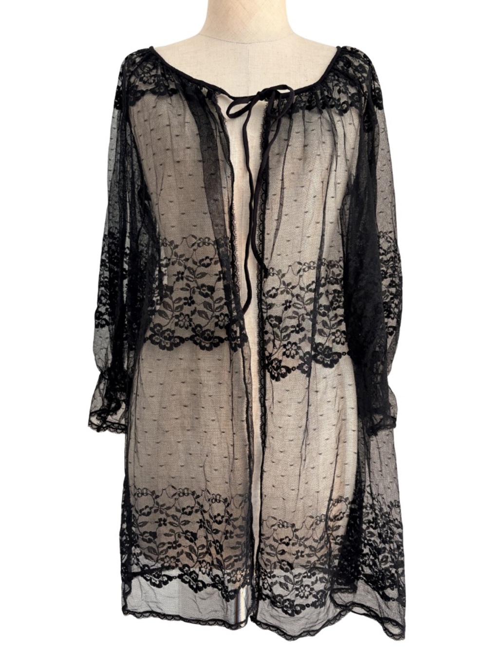 VTG 50 60s Black Unbranded Peignoir Robe MLXL Sheer Nylon Lace Chiffon Front Tie